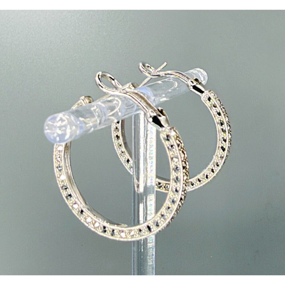 Dallas Prince 925 Sterling Silver Marcasite Hoop Earrings 1.25" 9.7g - Picture 2 of 9